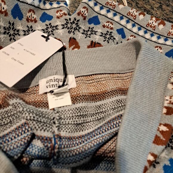 Unique Vintage Fair Isle Grey Foxes Pajama Pants Leggings Women's L 10-12 NWT - Picture 7 of 9